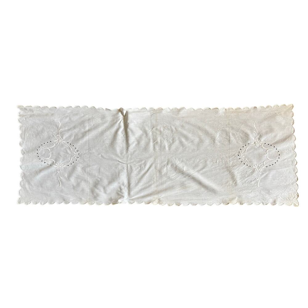Antique White Cotton Table Runner 16x48 Floral Embroidery Scalloped Edges